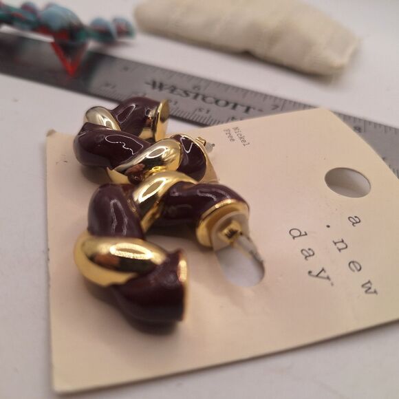 A New Day Nickel Free Goldtone Brown Earrings Hoop Stud Earrings - Picture 5 of 6